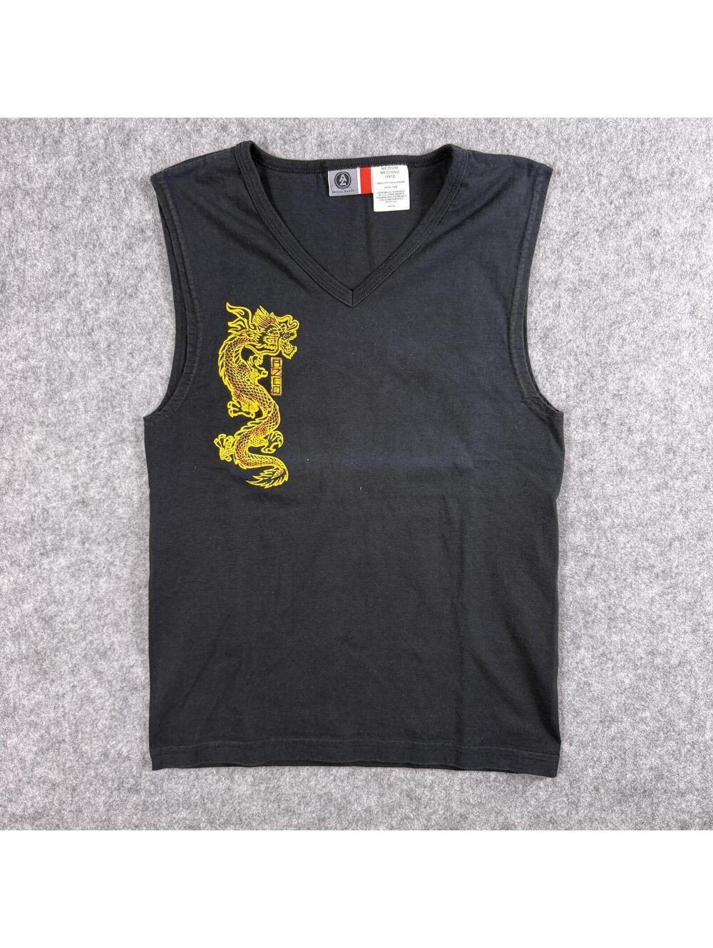 Black Sleeveless V-Neck T-Shirt Muscle Tank Gold Dragon Graphic L(10/12)